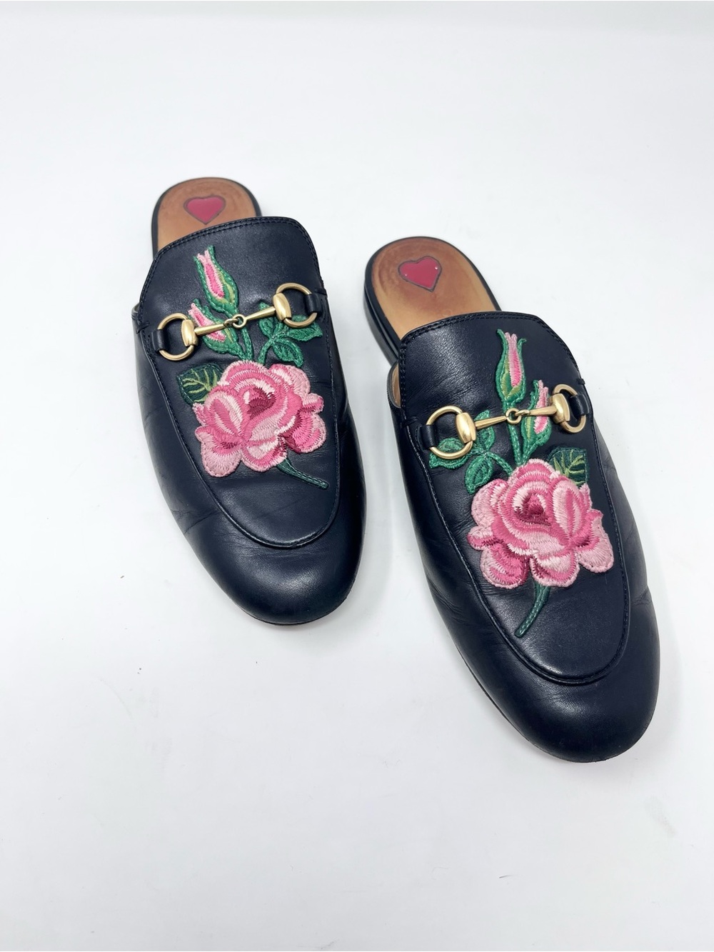 Gucci Princetown Horsebit Mule Black Leather Rose Flower Appliqué size 38 EU